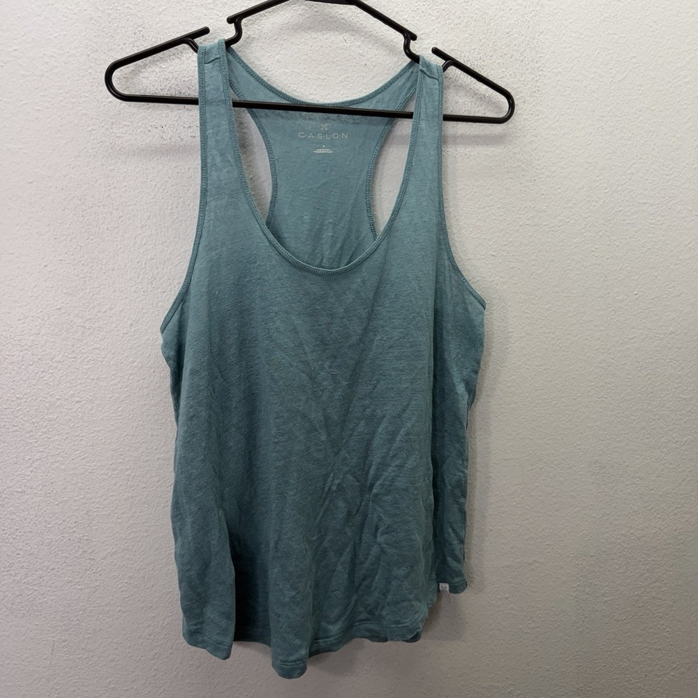Caslon 100% Linen Tank Top Sz M Blue Racerback  Coastal Lightweight Minimalist